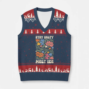 Be Salty Melt Ice V-Neck Knit Sweater Vest Political Satire Pro Immigrant Protest Retro Floral TS11 Navy Red Print Your Wear