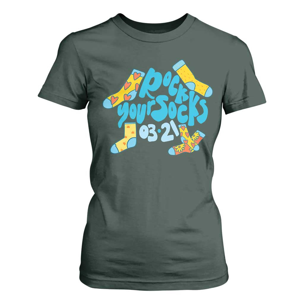 Rock Your Socks T Shirt For Women Down Syndrome Awareness March 21 TS11 Dark Forest Green Print Your Wear