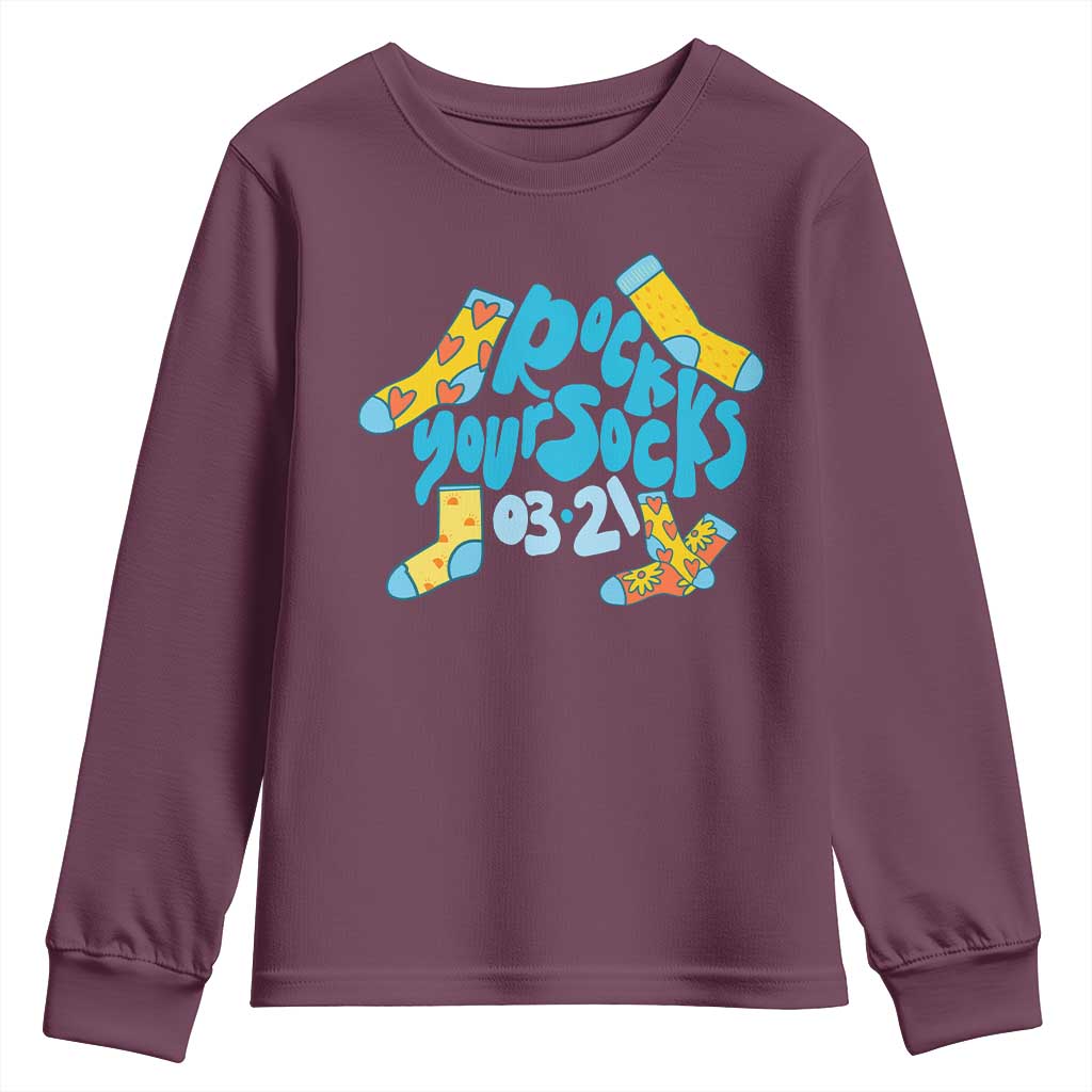 Rock Your Socks Youth Sweatshirt Down Syndrome Awareness March 21 TS11 Maroon Print Your Wear