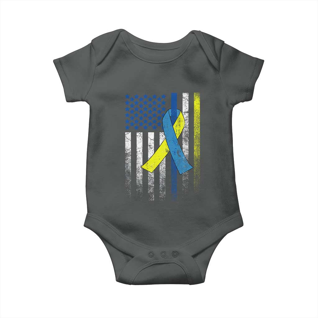 Down Syndrome Awareness Vintage American Flag Baby Onesie TS11 Dark Heather Print Your Wear