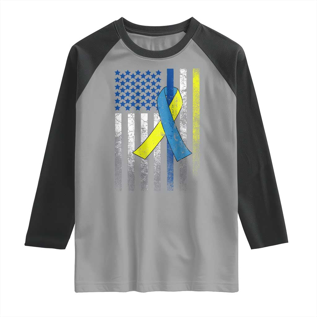 Down Syndrome Awareness Vintage American Flag Raglan Shirt TS11 Sport Gray Black Print Your Wear