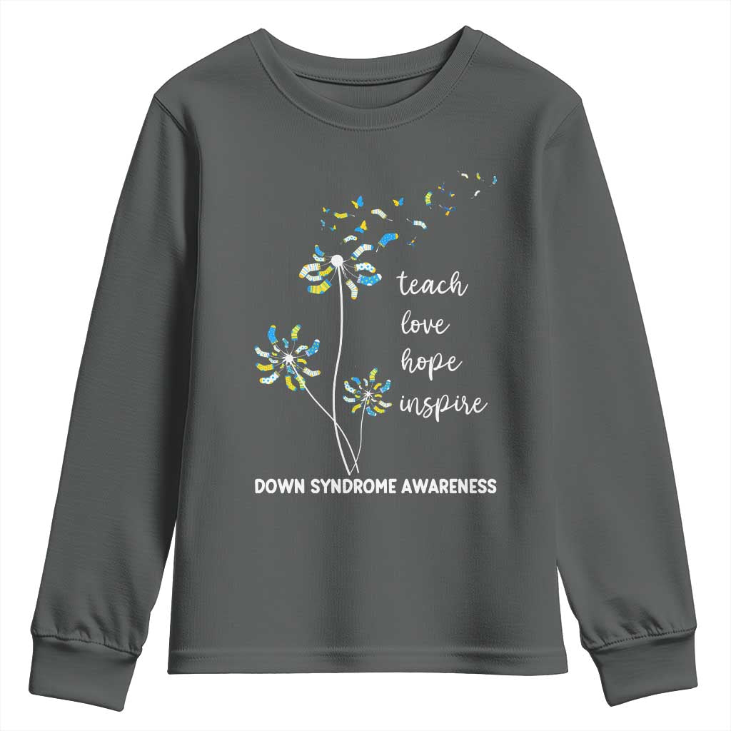 Down Syndrome Awareness Youth Sweatshirt Teach Love Hope Inspire Socks Dandelion TS11 Dark Heather Print Your Wear