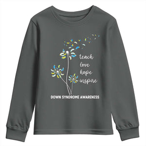 Down Syndrome Awareness Youth Sweatshirt Teach Love Hope Inspire Socks Dandelion TS11 Dark Heather Print Your Wear