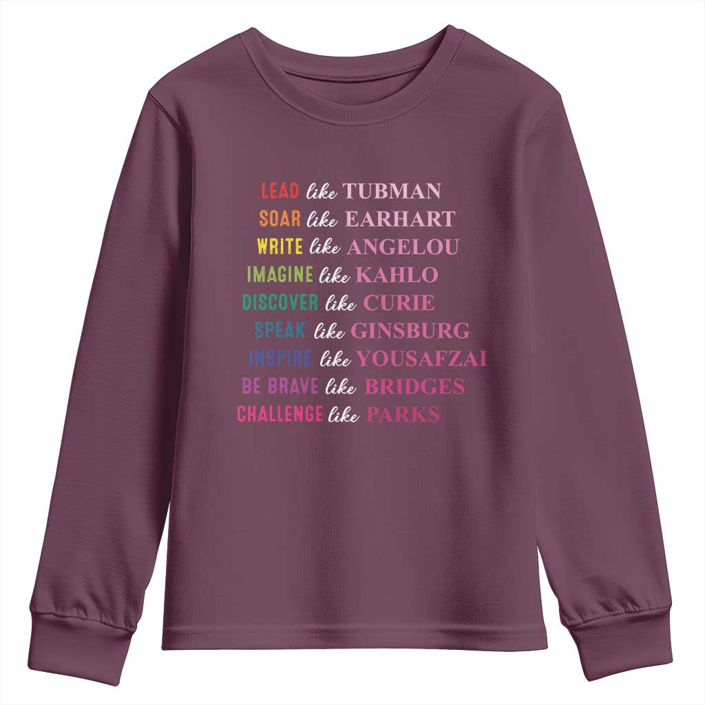 National Women's History Month Youth Sweatshirt Lead Like Tubman Challenge Like Parks TS11 Maroon Print Your Wear