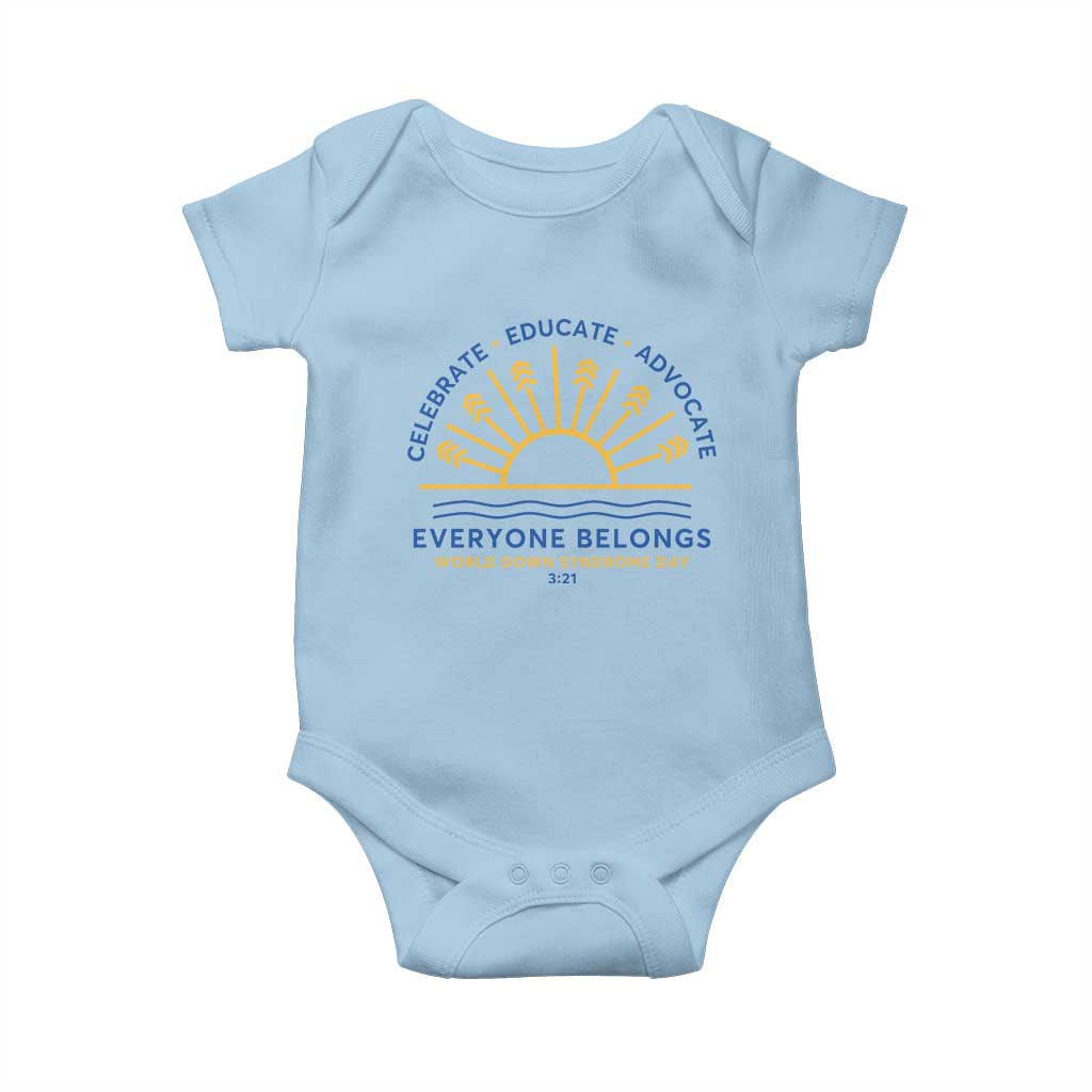 World Down Syndrome Day Baby Onesie Celebrate Educate Advocate Everyone Belongs Sunshine TS11 Light Blue Print Your Wear