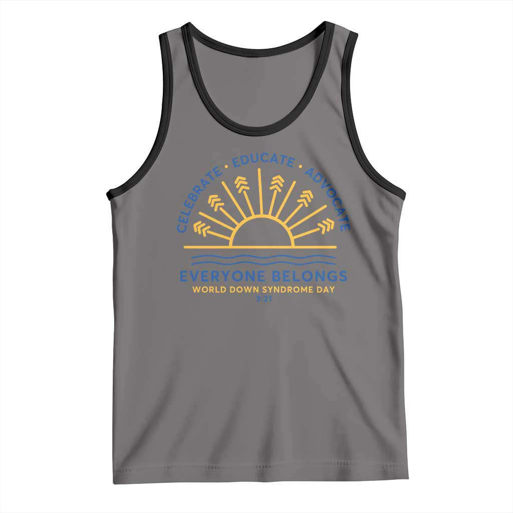 World Down Syndrome Day Tank Top Celebrate Educate Advocate Everyone Belongs Sunshine TS11 Deep Heather Black Print Your Wear