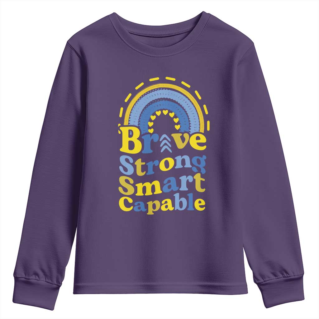 Down Syndrome Awareness Youth Sweatshirt Brave Strong Smart Capable Rainbow TS11 Purple Print Your Wear