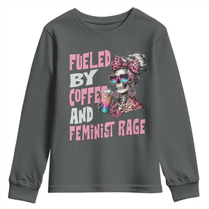 Fueled By Coffee And Feminist Rage Youth Sweatshirt Feminism Coffee Lovers TS11 Dark Heather Print Your Wear