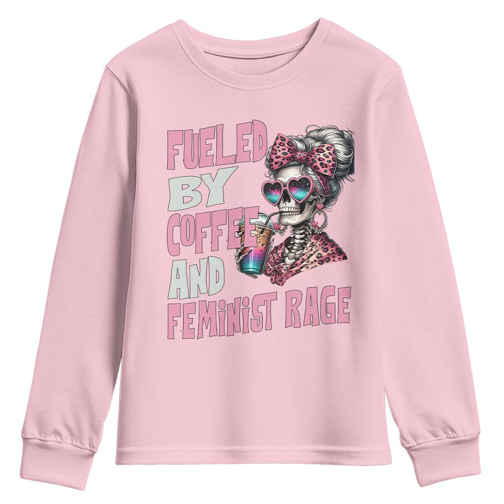 Fueled By Coffee And Feminist Rage Youth Sweatshirt Feminism Coffee Lovers TS11 Light Pink Print Your Wear