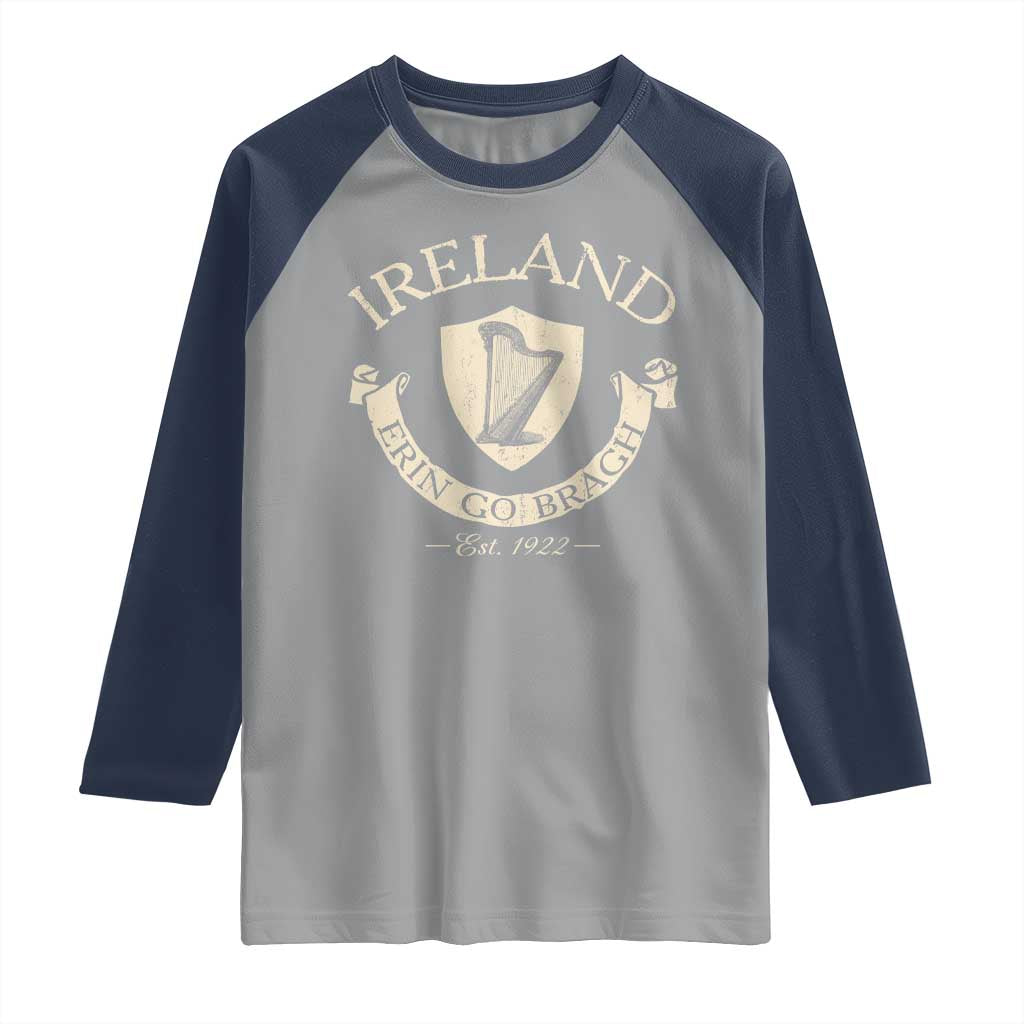 Ireland Erin Go Bragh Est 1922 Raglan Shirt Irish Pride Vintage Harp TS11 Sport Gray Navy Print Your Wear