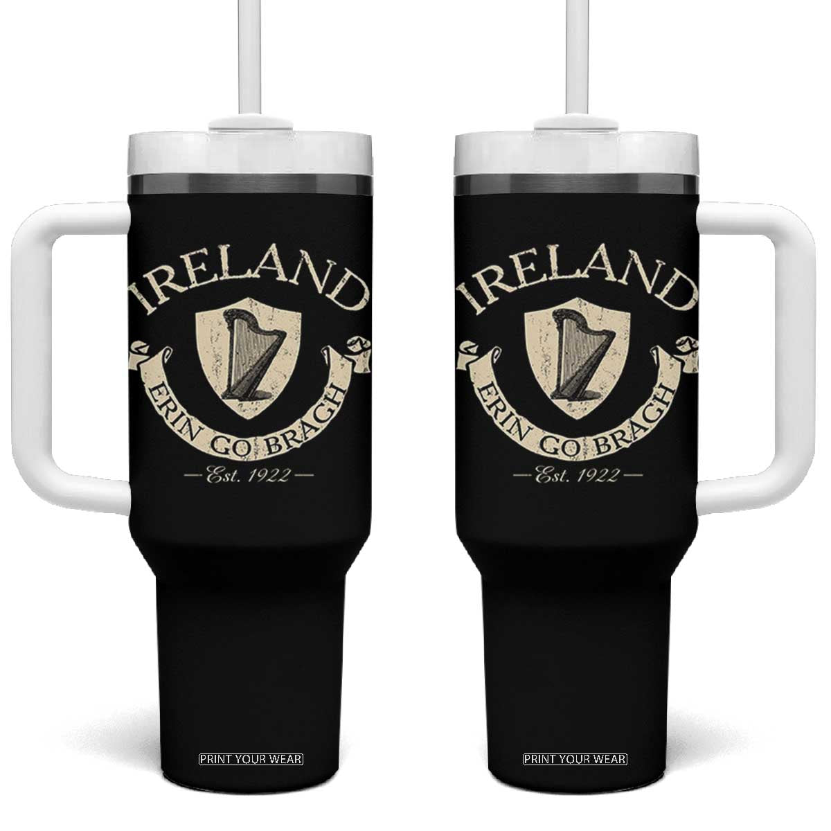 Ireland Erin Go Bragh Est 1922 Tumbler With Handle Irish Pride Vintage Harp TS11 One Size: 40 oz Black Print Your Wear