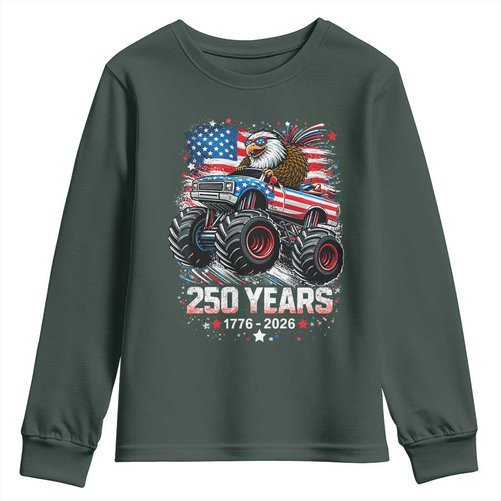 USA 250th Anniversary 250 Years 1776 2026 Monster Truck Eagle Youth Sweatshirt TS11 Dark Forest Green Print Your Wear