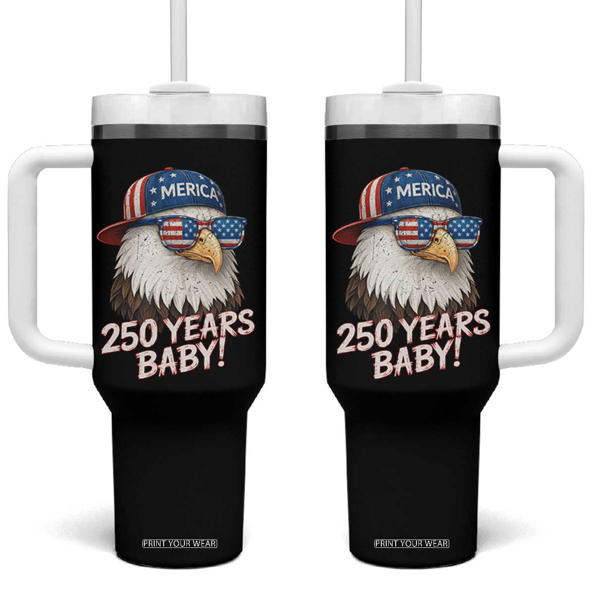 250th Anniversary USA 250 Years Baby Bald Eagle Tumbler With Handle TS11 One Size: 40 oz Black Print Your Wear