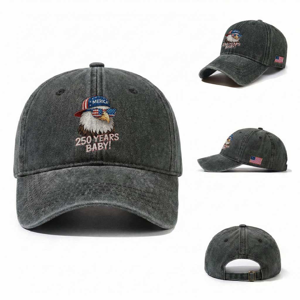 250th Anniversary USA 250 Years Baby Bald Eagle Washed Cotton Baseball Cap TS11 Washed Cap Universal Fit Dark Green Print Your Wear