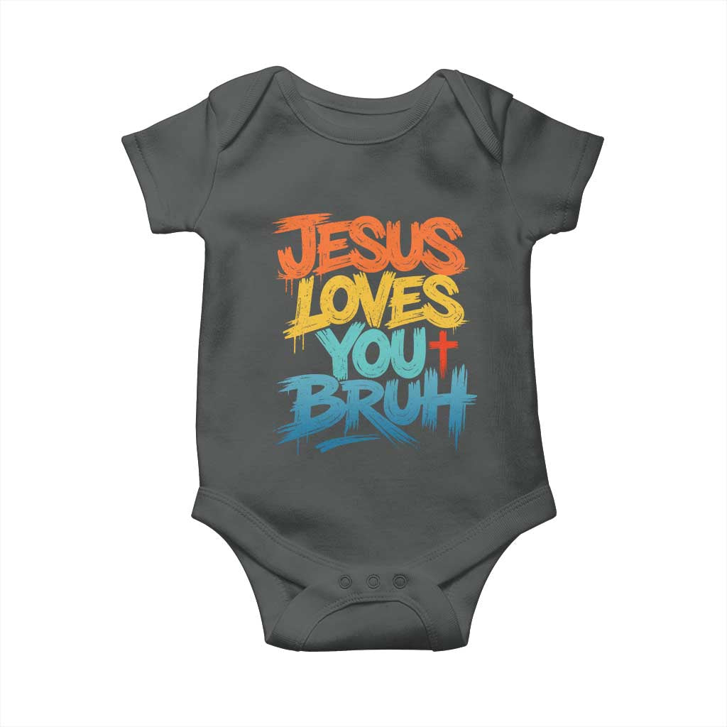 Jesus Loves You Bruh Baby Onesie Funny Christian Believer Faith God Retro Religious TS11 Dark Heather Print Your Wear