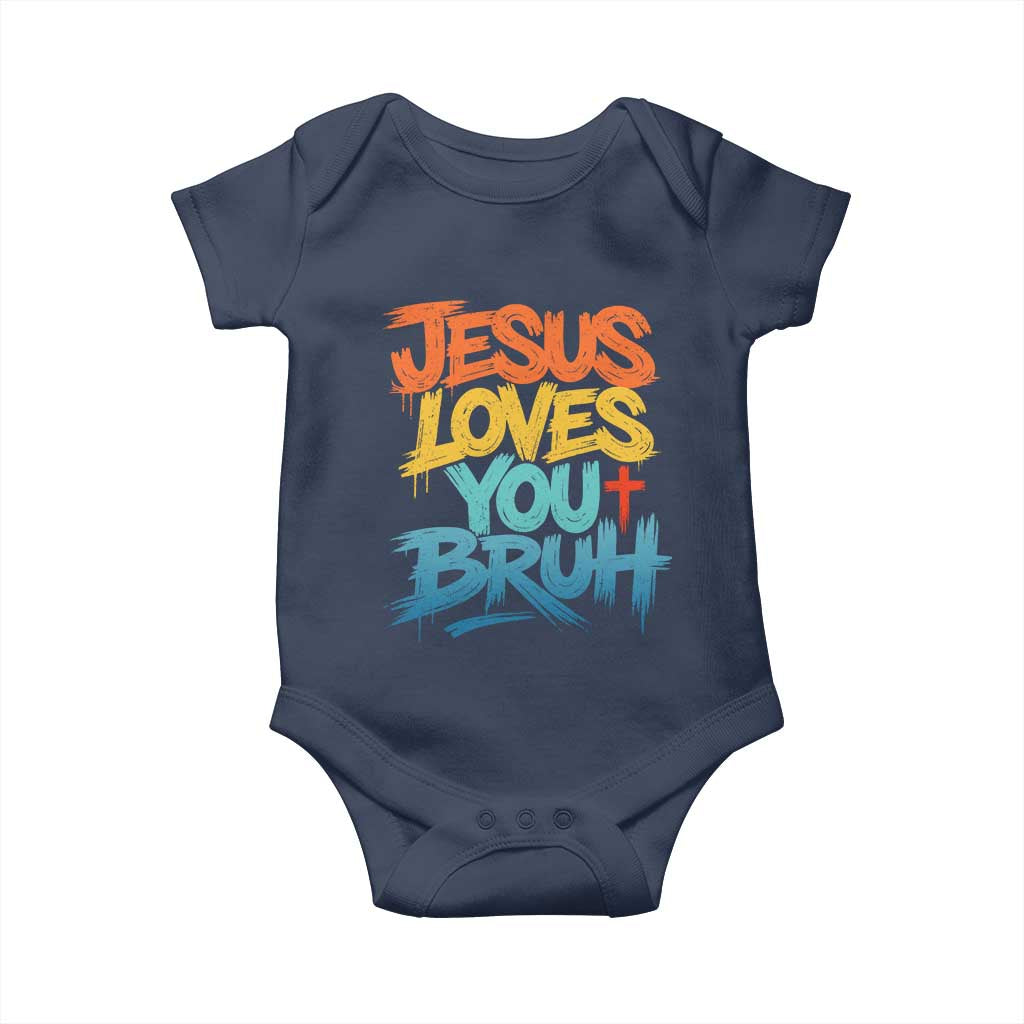 Jesus Loves You Bruh Baby Onesie Funny Christian Believer Faith God Retro Religious TS11 Navy Print Your Wear