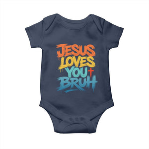 Jesus Loves You Bruh Baby Onesie Funny Christian Believer Faith God Retro Religious TS11 Navy Print Your Wear