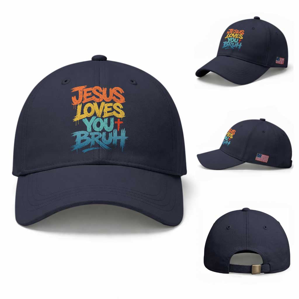 Jesus Loves You Bruh Baseball Cap Funny Christian Believer Faith God Retro Religious TS11 Baseball Cap Universal Fit Navy Print Your Wear