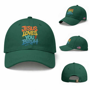 Jesus Loves You Bruh Baseball Cap Funny Christian Believer Faith God Retro Religious TS11 Baseball Cap Universal Fit Irish Green Print Your Wear