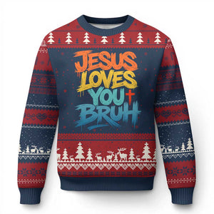 Jesus Loves You Bruh Ugly Christmas Sweater Funny Christian Believer Faith God Retro Religious TS11 Navy Red Print Your Wear