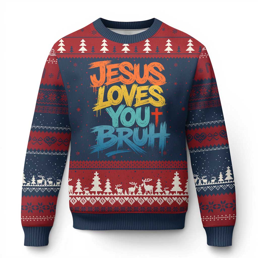 Jesus Loves You Bruh Ugly Christmas Sweater Funny Christian Believer Faith God Retro Religious TS11 Navy Red Print Your Wear