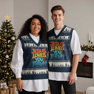 Jesus Loves You Bruh V-Neck Knit Sweater Vest Funny Christian Believer Faith God Retro Religious TS11 Navy Beige Print Your Wear