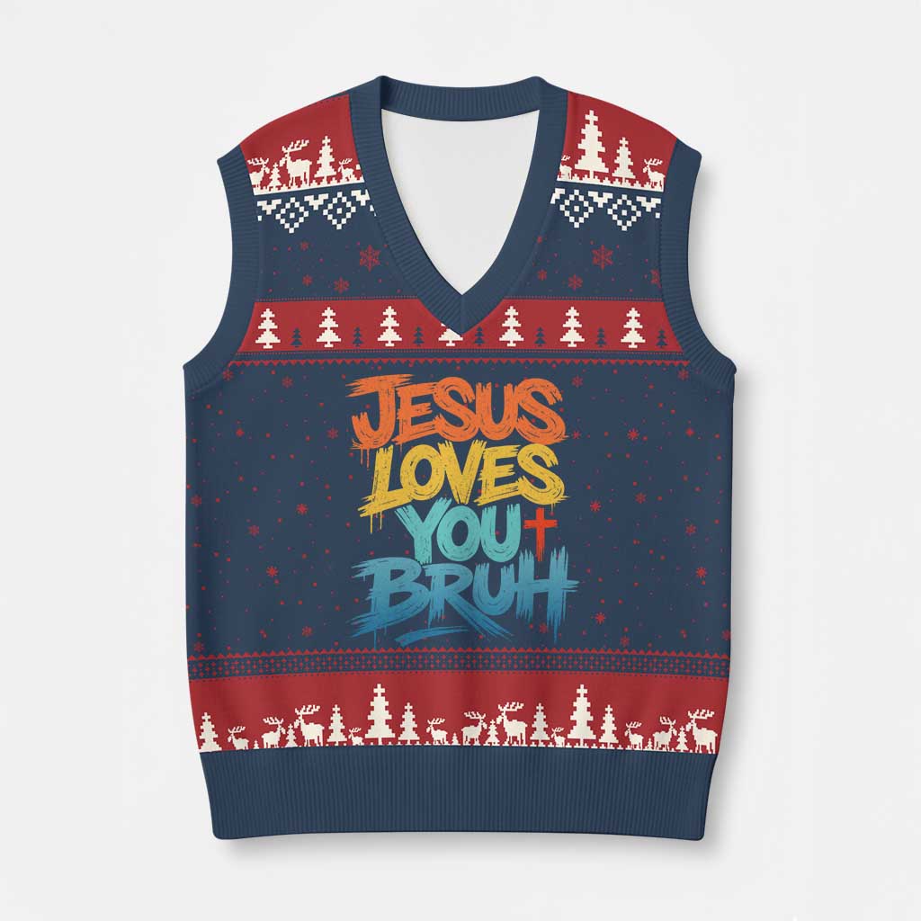 Jesus Loves You Bruh V-Neck Knit Sweater Vest Funny Christian Believer Faith God Retro Religious TS11 Navy Red Print Your Wear