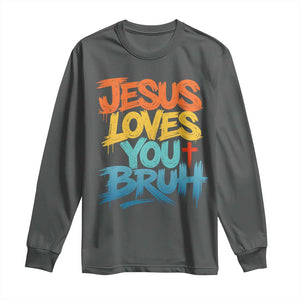 Jesus Loves You Bruh Long Sleeve Shirt Funny Christian Believer Faith God Retro Religious TS11 Dark Heather Print Your Wear