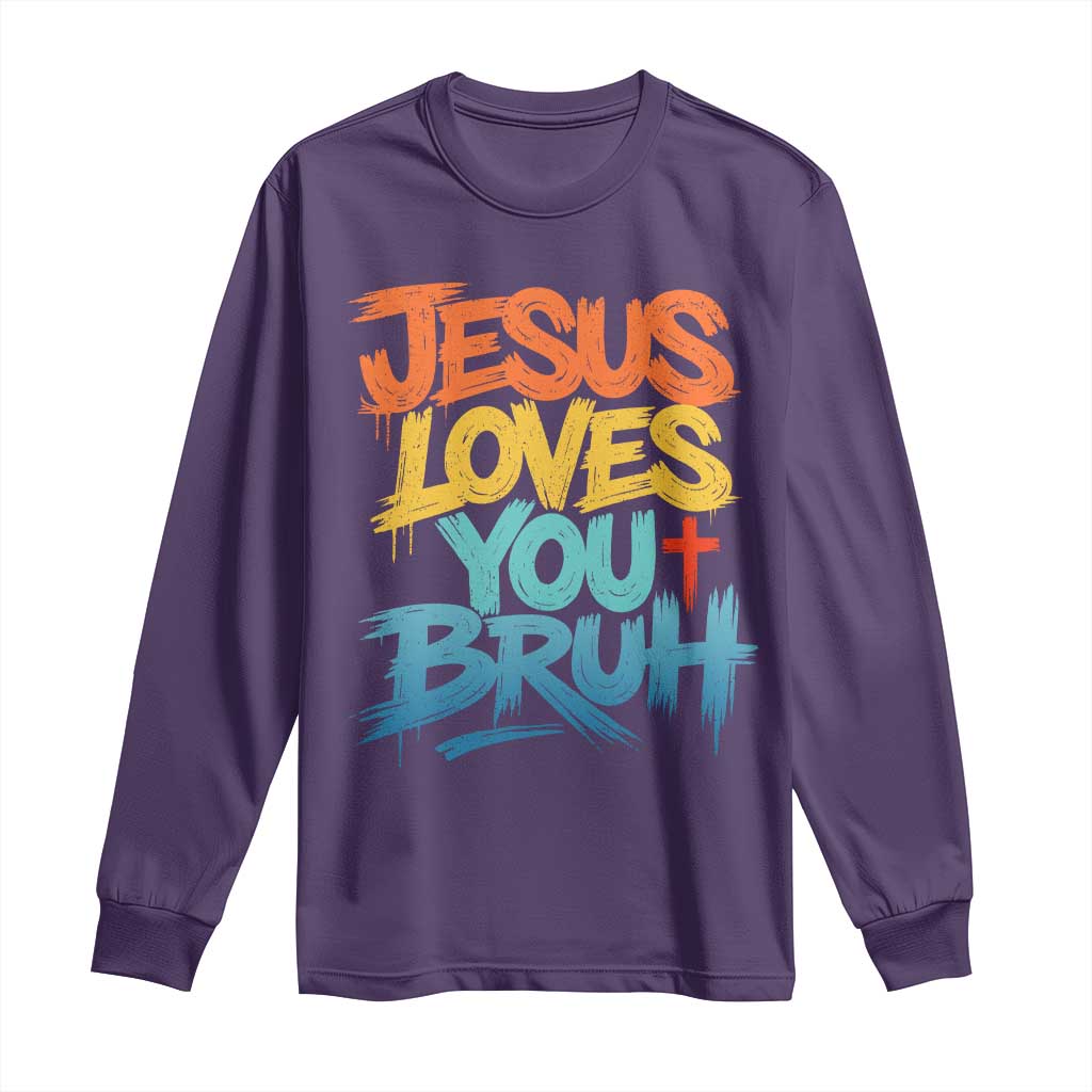 Jesus Loves You Bruh Long Sleeve Shirt Funny Christian Believer Faith God Retro Religious TS11 Purple Print Your Wear