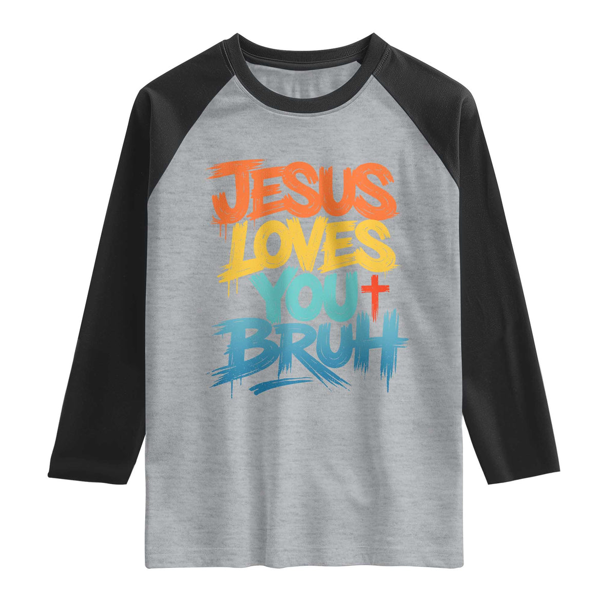 Jesus Loves You Bruh Raglan Shirt Funny Christian Believer Faith God Retro Religious TS11 Heather Gray Black Print Your Wear