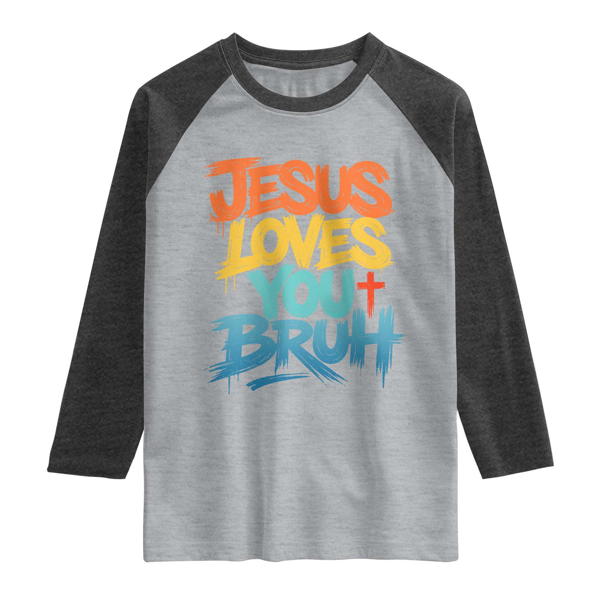 Jesus Loves You Bruh Raglan Shirt Funny Christian Believer Faith God Retro Religious TS11 Heather Gray Heather Charcoal Print Your Wear