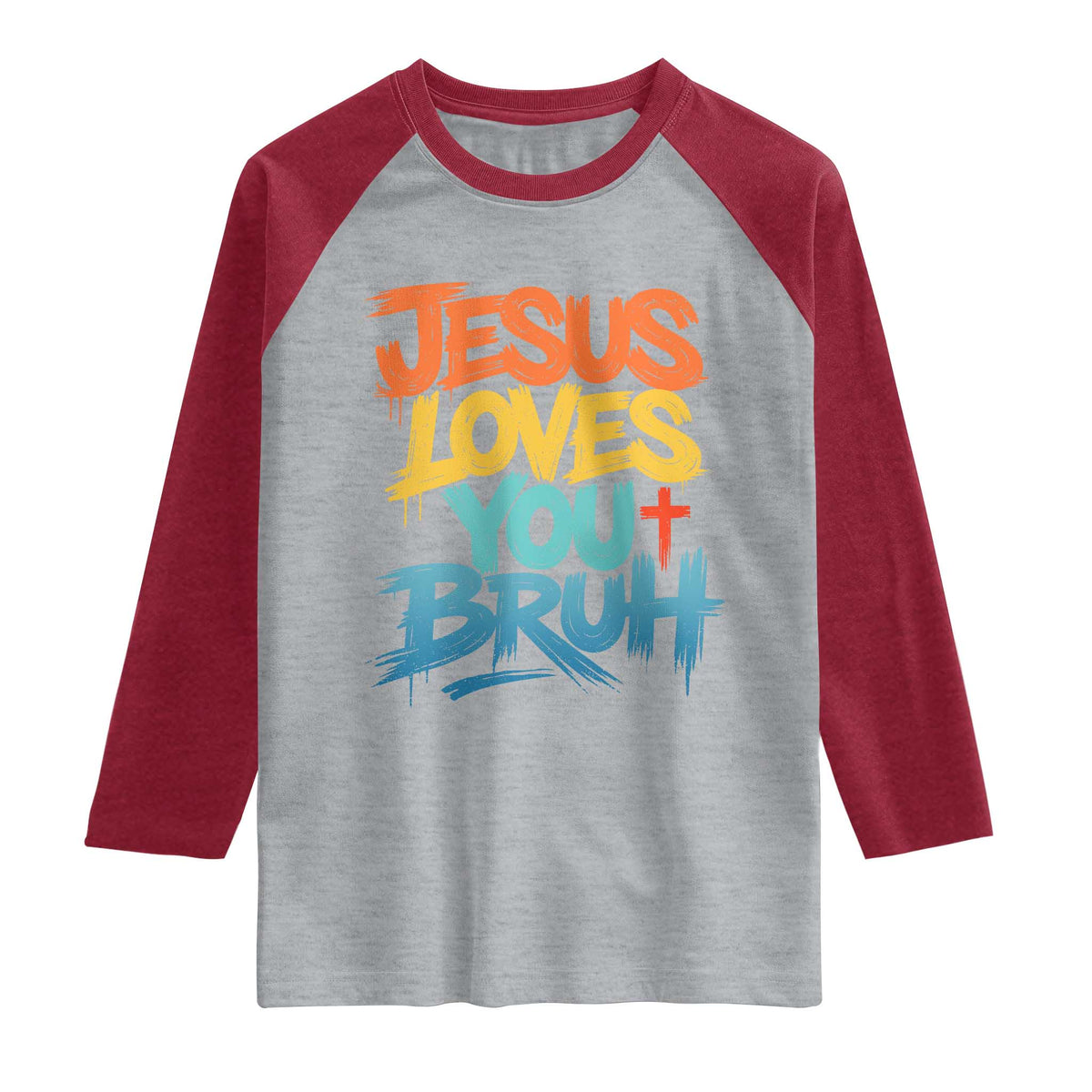 Jesus Loves You Bruh Raglan Shirt Funny Christian Believer Faith God Retro Religious TS11 Heather Gray Heather Red Print Your Wear