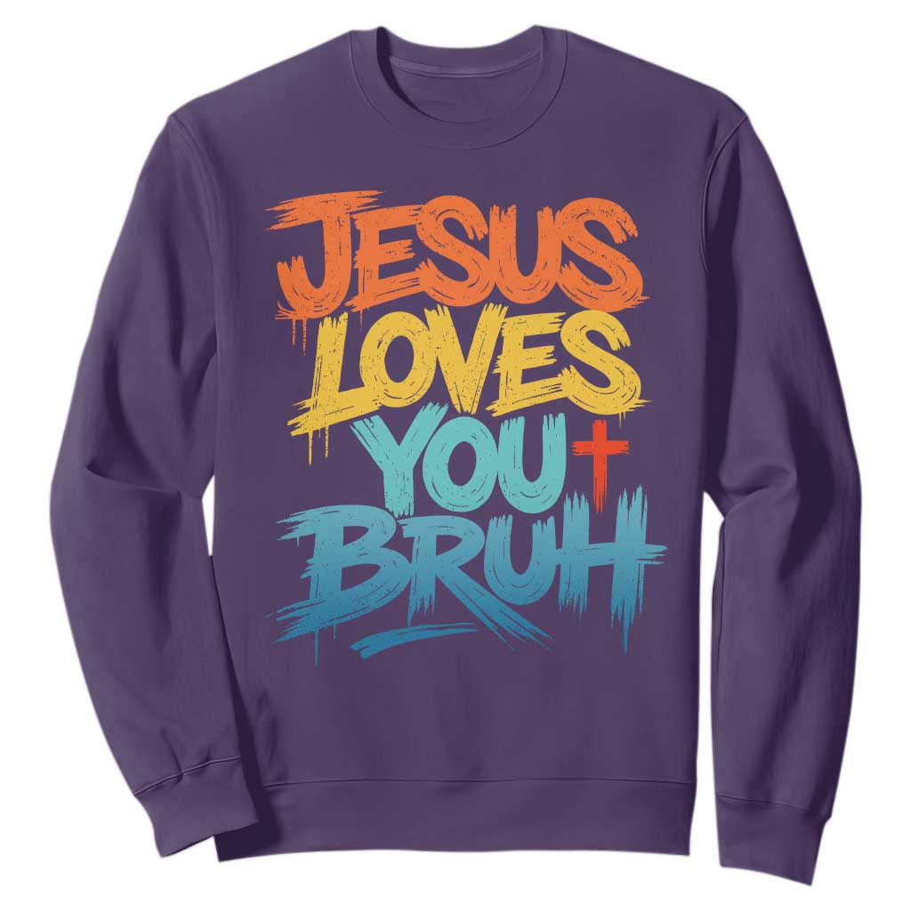 Jesus Loves You Bruh Sweatshirt Funny Christian Believer Faith God Retro Religious TS11 Purple Print Your Wear