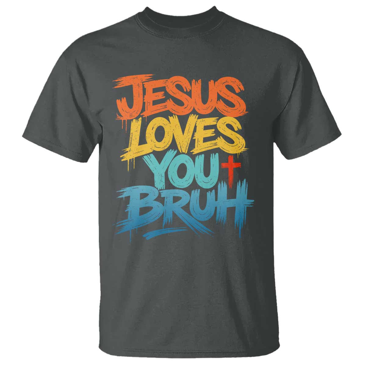 Jesus Loves You Bruh T Shirt Funny Christian Believer Faith God Retro Religious TS11 Dark Heather Print Your Wear