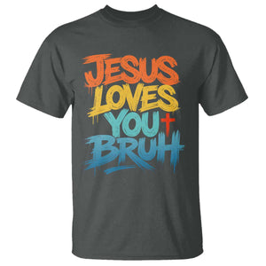 Jesus Loves You Bruh T Shirt Funny Christian Believer Faith God Retro Religious TS11 Dark Heather Print Your Wear