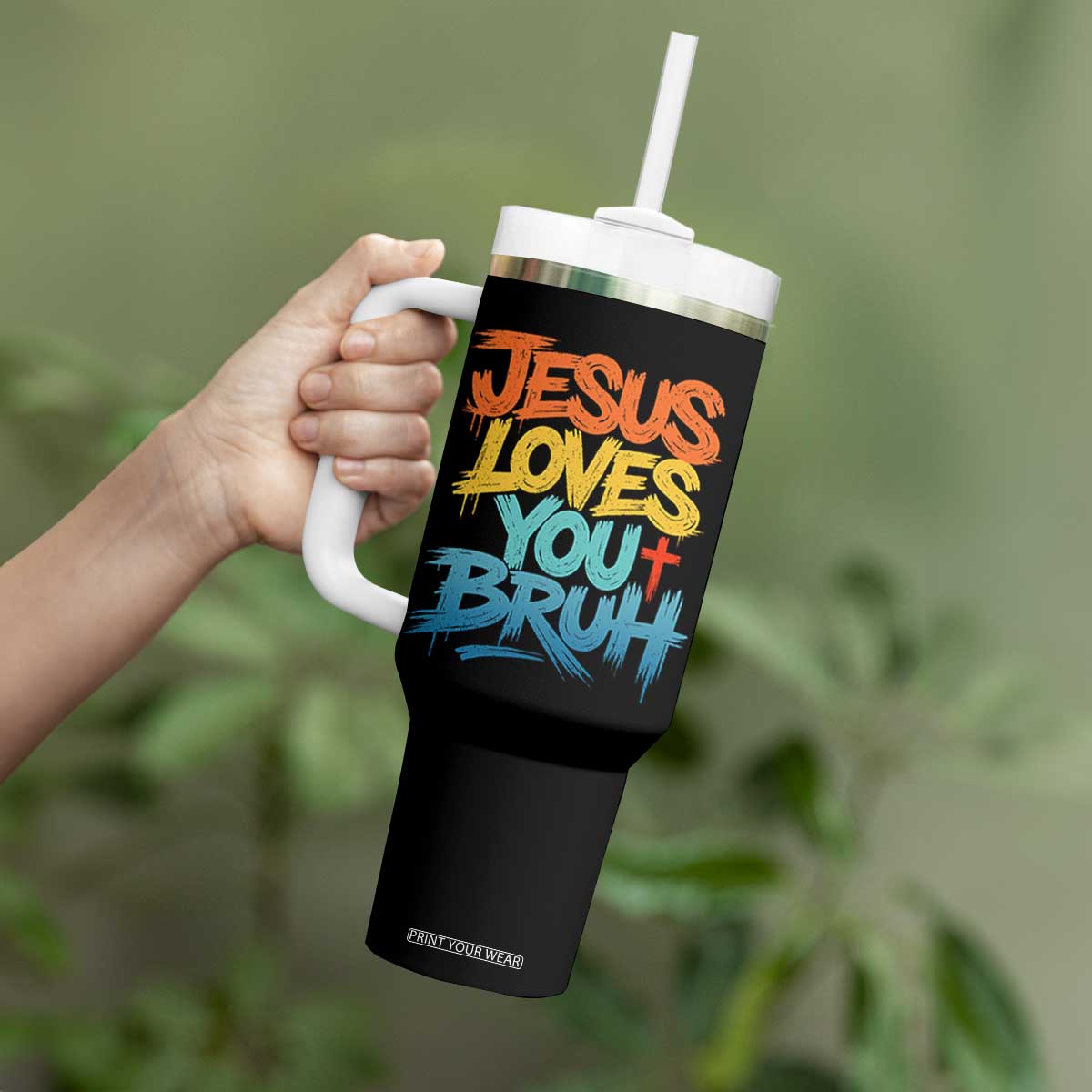 Jesus Loves You Bruh Tumbler With Handle Funny Christian Believer Faith God Retro Religious TS11 Print Your Wear