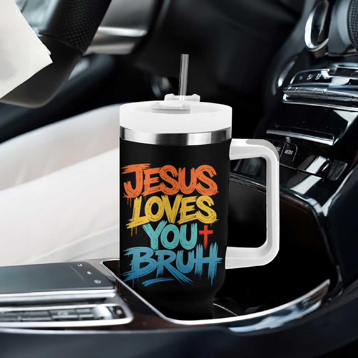 Jesus Loves You Bruh Tumbler With Handle Funny Christian Believer Faith God Retro Religious TS11 Print Your Wear