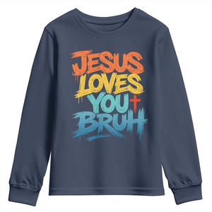 Jesus Loves You Bruh Youth Sweatshirt Funny Christian Believer Faith God Retro Religious TS11 Navy Print Your Wear