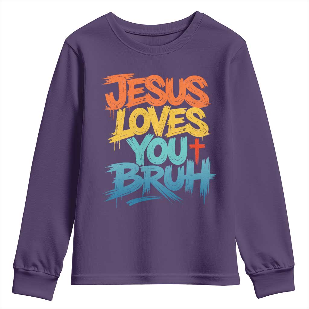 Jesus Loves You Bruh Youth Sweatshirt Funny Christian Believer Faith God Retro Religious TS11 Purple Print Your Wear