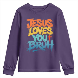 Jesus Loves You Bruh Youth Sweatshirt Funny Christian Believer Faith God Retro Religious TS11 Purple Print Your Wear