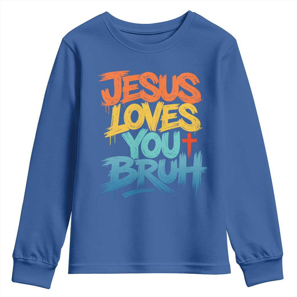 Jesus Loves You Bruh Youth Sweatshirt Funny Christian Believer Faith God Retro Religious TS11 Royal Blue Print Your Wear