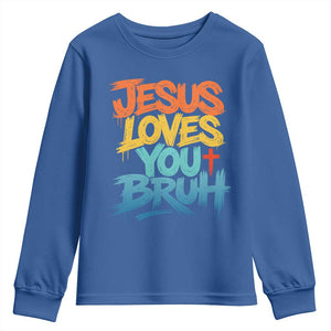 Jesus Loves You Bruh Youth Sweatshirt Funny Christian Believer Faith God Retro Religious TS11 Royal Blue Print Your Wear