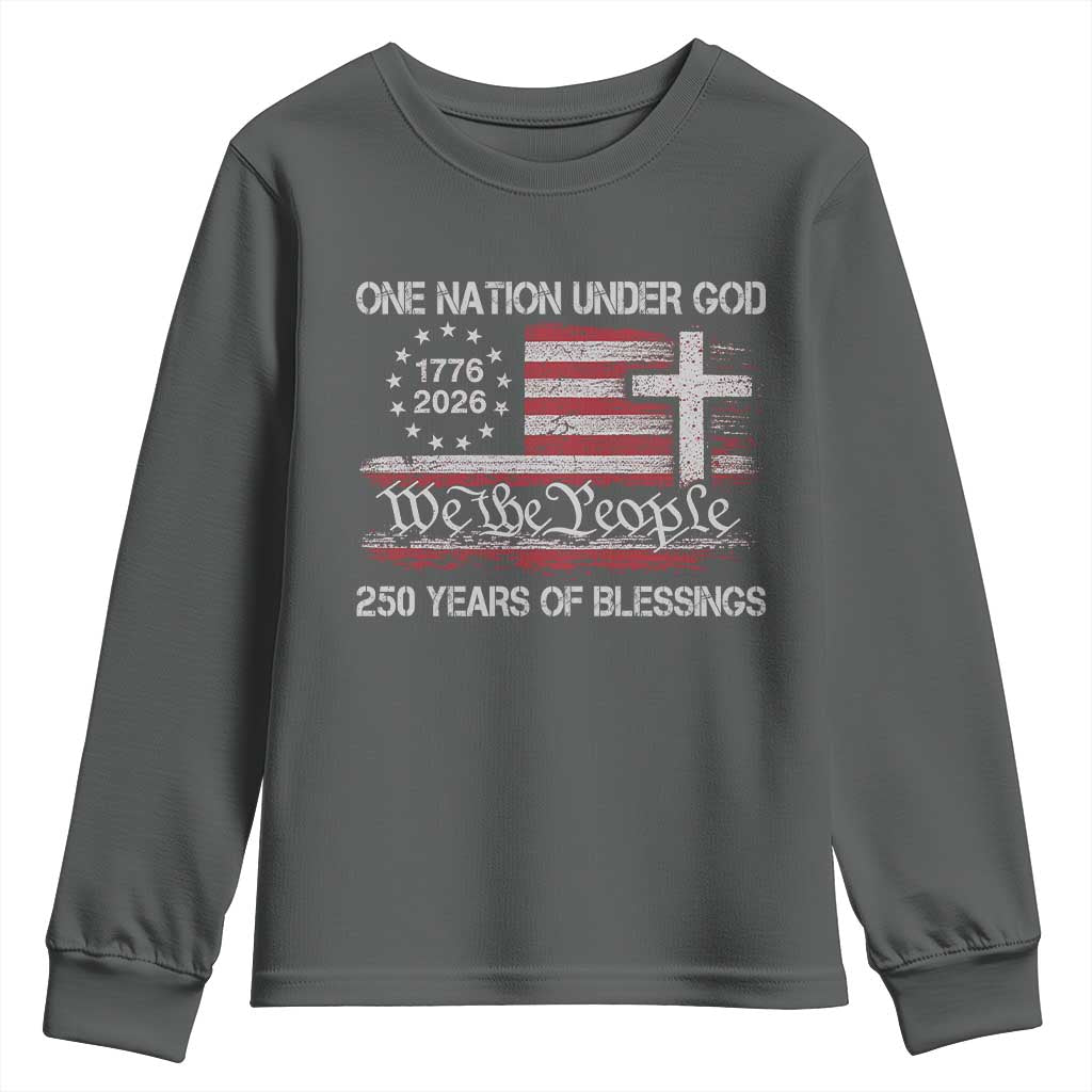 One Nation Under God 250 Years Of Blessing Youth Sweatshirt 250th Faith Anniversary USA TS11 Dark Heather Print Your Wear