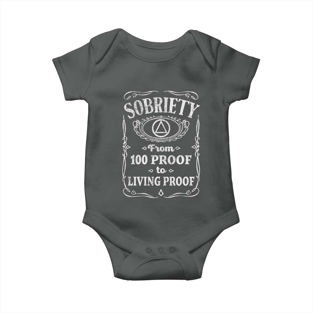 Sobriety From 100 Proof To Living Proof Baby Onesie Sober Anniversary AA NA Recovery TS11 Dark Heather Print Your Wear