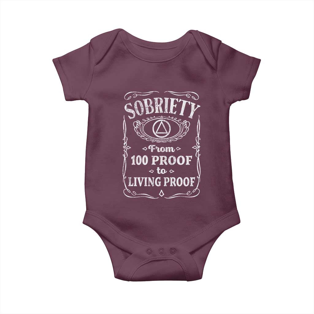 Sobriety From 100 Proof To Living Proof Baby Onesie Sober Anniversary AA NA Recovery TS11 Maroon Print Your Wear