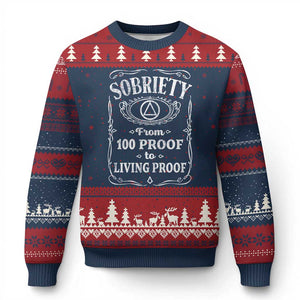 Sobriety From 100 Proof To Living Proof Ugly Christmas Sweater Sober Anniversary AA NA Recovery TS11 Navy Red Print Your Wear