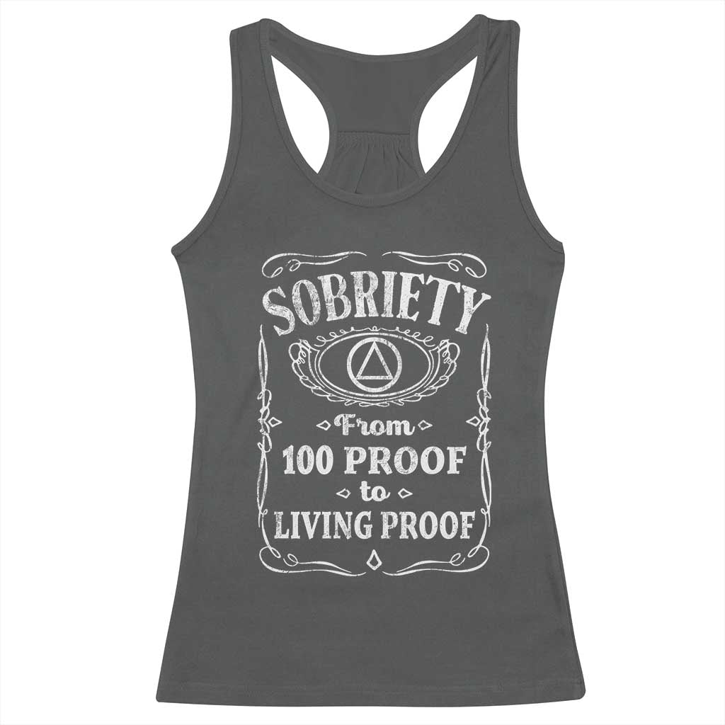 Sobriety From 100 Proof To Living Proof Racerback Tank Top Sober Anniversary AA NA Recovery TS11 Dark Heather Print Your Wear