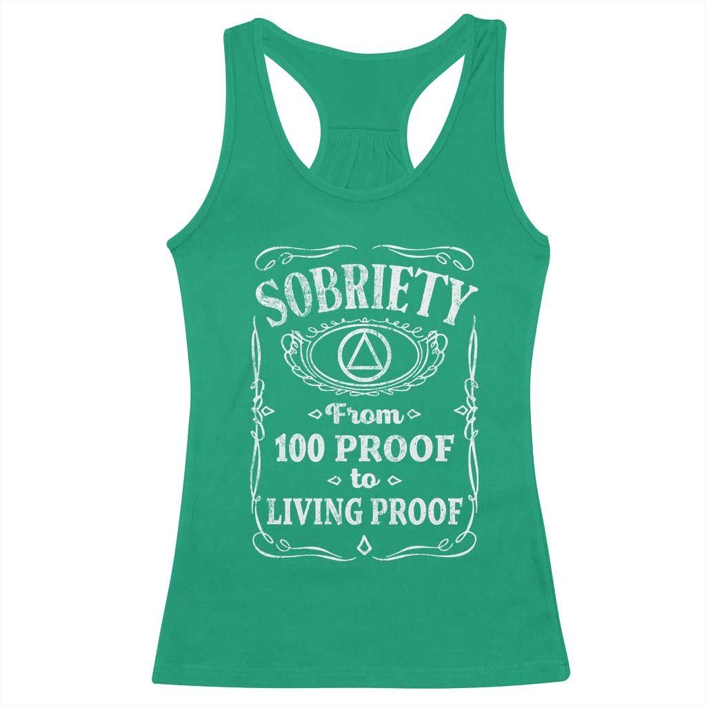 Sobriety From 100 Proof To Living Proof Racerback Tank Top Sober Anniversary AA NA Recovery TS11 Irish Green Print Your Wear