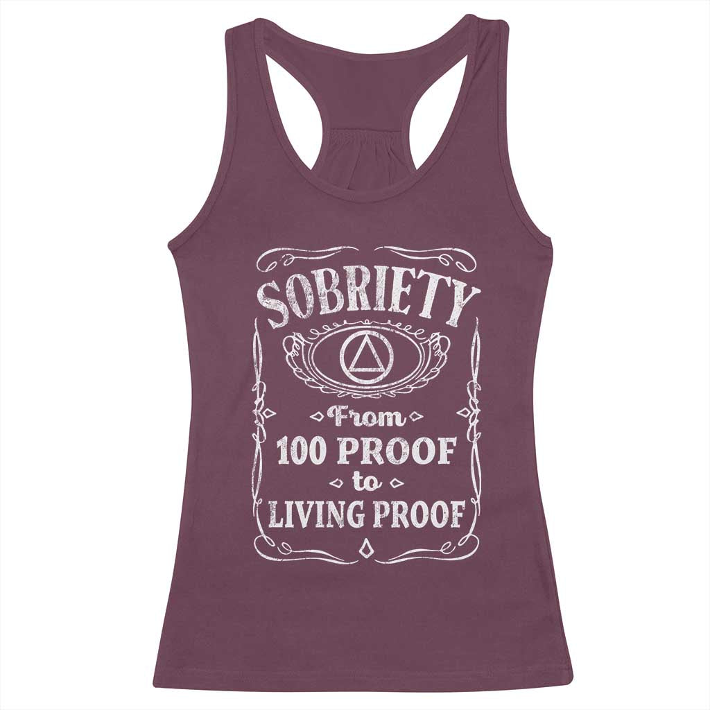 Sobriety From 100 Proof To Living Proof Racerback Tank Top Sober Anniversary AA NA Recovery TS11 Maroon Print Your Wear