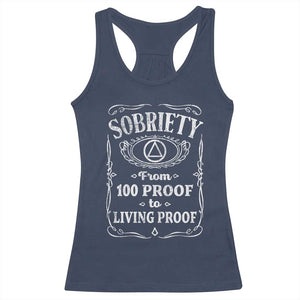 Sobriety From 100 Proof To Living Proof Racerback Tank Top Sober Anniversary AA NA Recovery TS11 Navy Print Your Wear